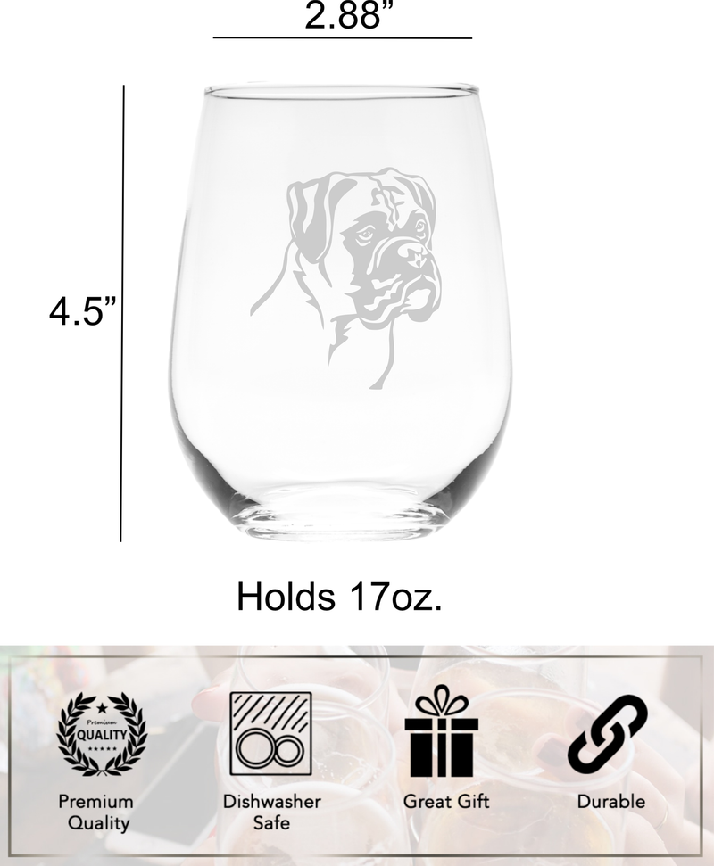 Boxer Themed, Dog Stemless Wine Glass - Dog Lover Gift for Men and Women - 17 oz.