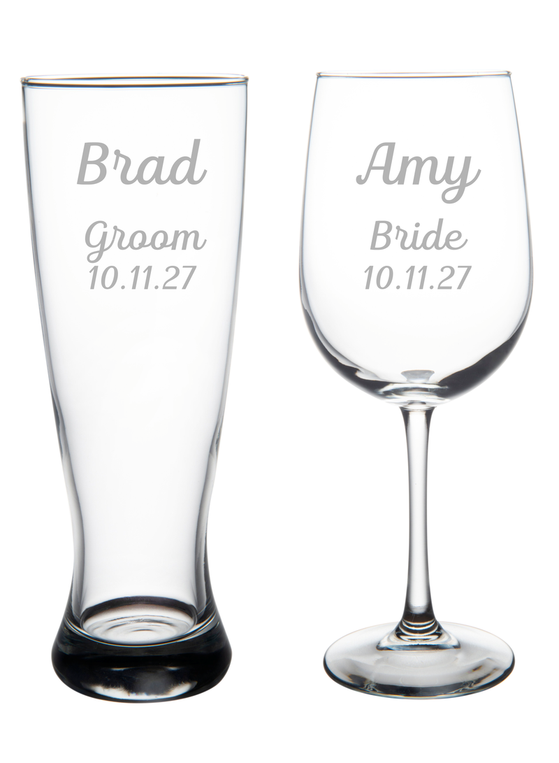 Groom Beer Pilsner Glass 23 oz and Bride Wine Glass 19 oz - Custom Name Title and Date - Gift for Weddings Engagements Couples - 2 Pieces