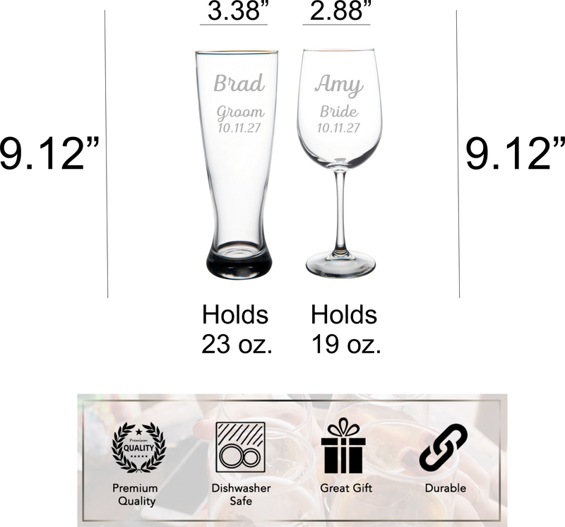 Groom Beer Pilsner Glass 23 oz and Bride Wine Glass 19 oz - Custom Name Title and Date - Gift for Weddings Engagements Couples - 2 Pieces