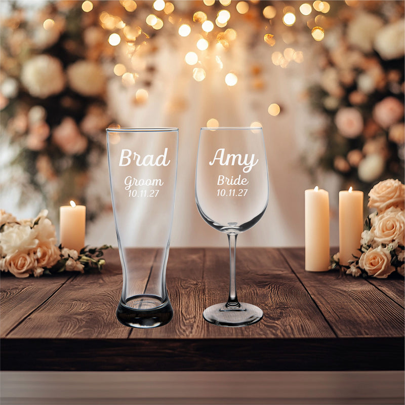 Groom Beer Pilsner Glass 23 oz and Bride Wine Glass 19 oz - Custom Name Title and Date - Gift for Weddings Engagements Couples - 2 Pieces