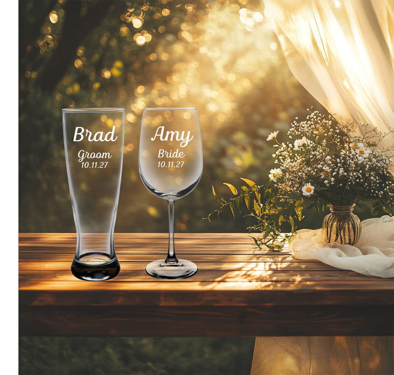 Groom Beer Pilsner Glass 23 oz and Bride Wine Glass 19 oz - Custom Name Title and Date - Gift for Weddings Engagements Couples - 2 Pieces