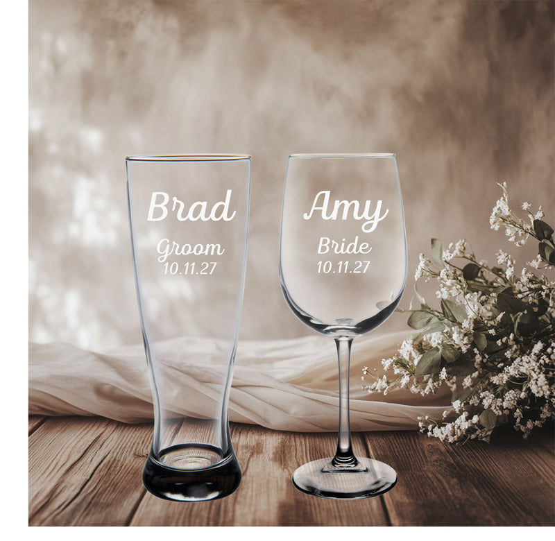 Groom Beer Pilsner Glass 23 oz and Bride Wine Glass 19 oz - Custom Name Title and Date - Gift for Weddings Engagements Couples - 2 Pieces