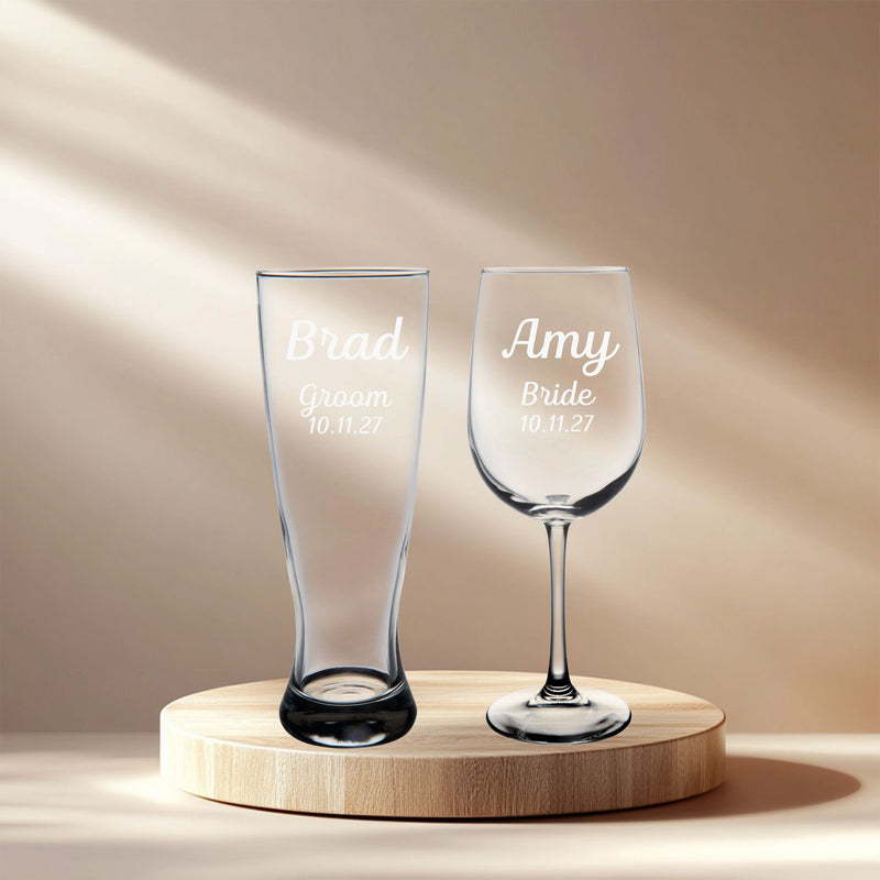 Groom Beer Pilsner Glass 23 oz and Bride Wine Glass 19 oz - Custom Name Title and Date - Gift for Weddings Engagements Couples - 2 Pieces