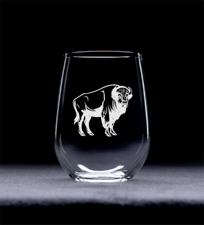 Buffalo Themed Stemless Wine Glass - Buffalo Gift for Women and Men - 17 oz.  (Style B2)