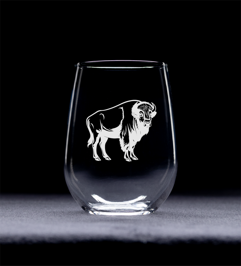 Buffalo Themed Stemless Wine Glass - Buffalo Gift for Women and Men - 17 oz.  (Style B2)