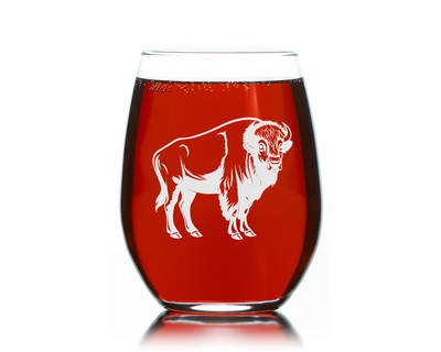 Buffalo Themed Stemless Wine Glass - Buffalo Gift for Women and Men - 17 oz.  (Style B2)