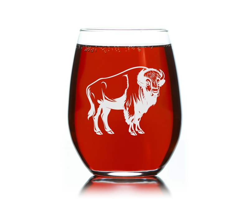 Buffalo Themed Stemless Wine Glass - Buffalo Gift for Women and Men - 17 oz.  (Style B2)