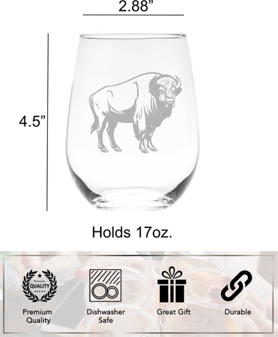 Buffalo Themed Stemless Wine Glass - Buffalo Gift for Women and Men - 17 oz.  (Style B2)