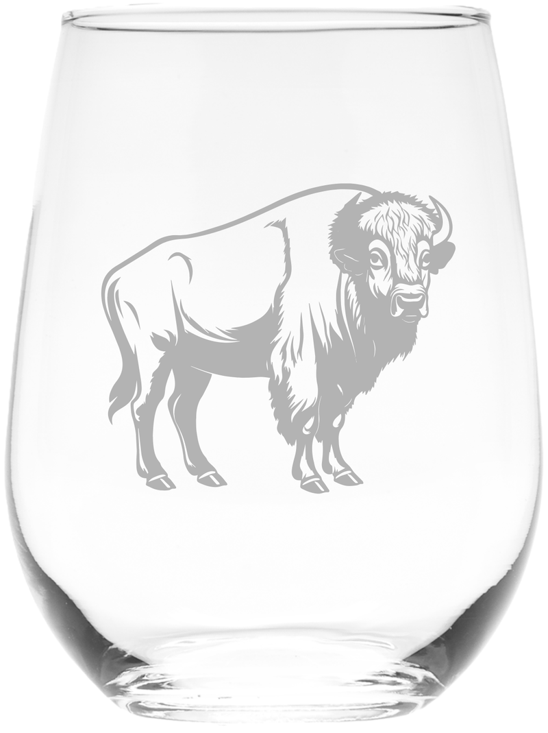 Buffalo Themed Stemless Wine Glass - Buffalo Gift for Women and Men - 17 oz.  (Style B2)