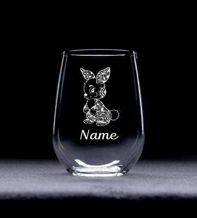 Bunny with Name, 17 oz Custom Stemless Wine Glass - Personalized Bunny Themed Gift for Men and Women