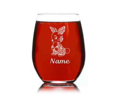 Bunny with Name, 17 oz Custom Stemless Wine Glass - Personalized Bunny Themed Gift for Men and Women