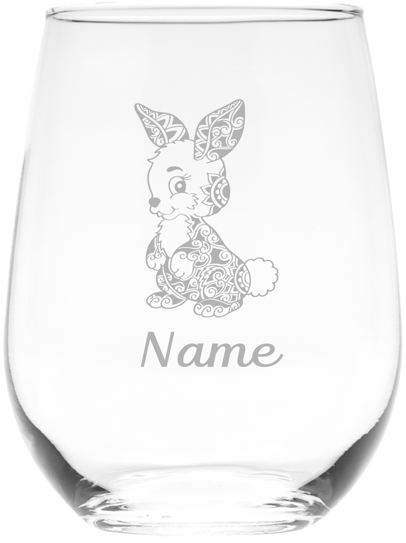 Bunny with Name, 17 oz Custom Stemless Wine Glass - Personalized Bunny Themed Gift for Men and Women