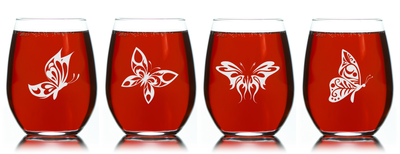 Butterfly Stemless Wine Glass Set – Butterfly Themed Gift for Women and Men - 4 Pieces