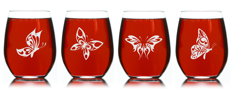 Butterfly Stemless Wine Glass Set – Butterfly Themed Gift for Women and Men - 4 Pieces