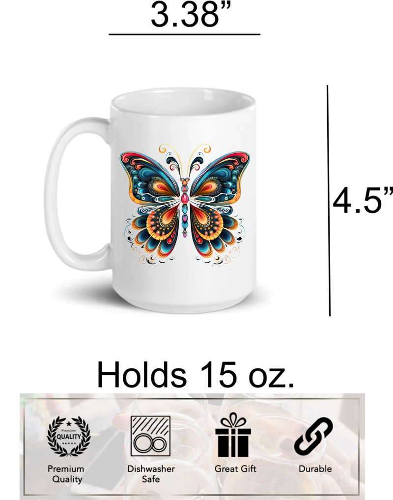 Butterfly Mandala Ceramic Coffee Mug 15oz  Unique Gift for Mom, Wife, Grandmother