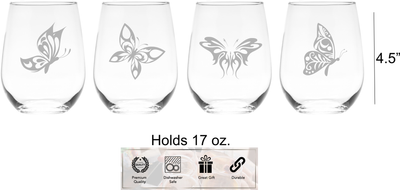 Butterfly Stemless Wine Glass Set – Butterfly Themed Gift for Women and Men - 4 Pieces