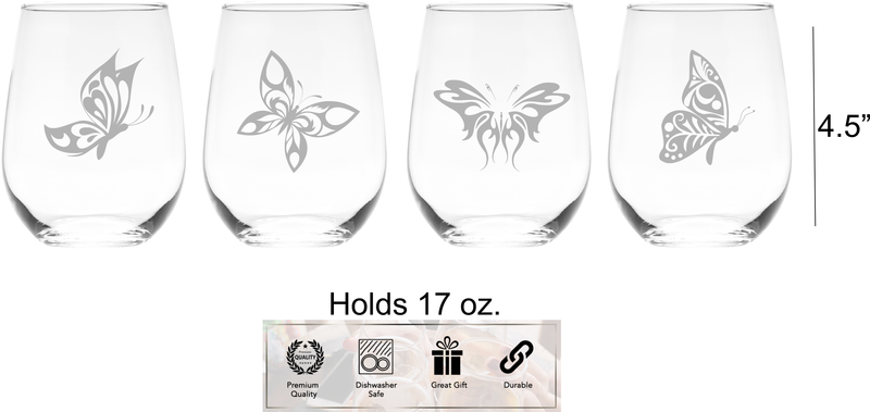 Butterfly Stemless Wine Glass Set – Butterfly Themed Gift for Women and Men - 4 Pieces