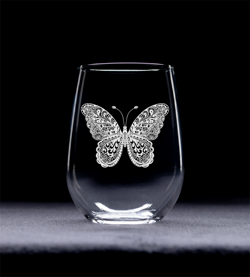 Butterfly Stemless Wine Glass - Butterfly Themed Gift for Women and Men -  17 oz. (Style B2)
