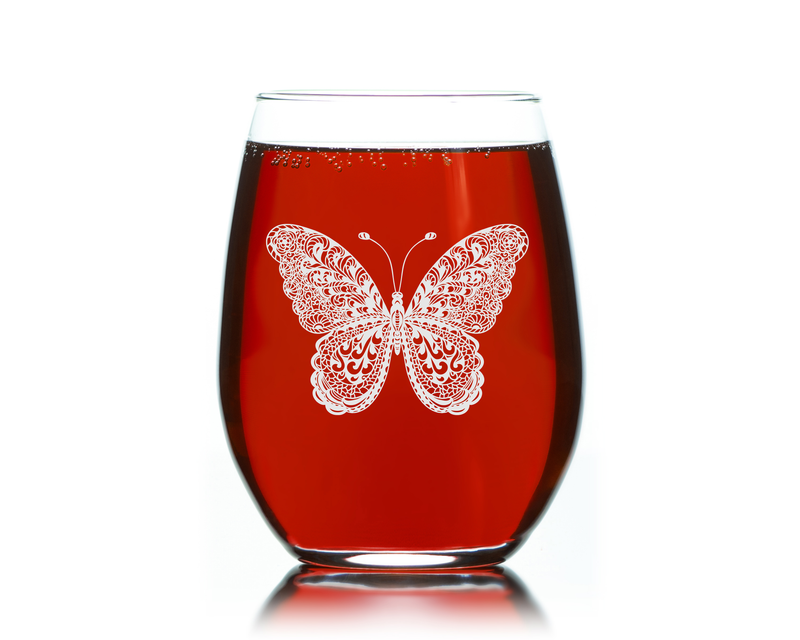 Butterfly Stemless Wine Glass - Butterfly Themed Gift for Women and Men -  17 oz. (Style B2)