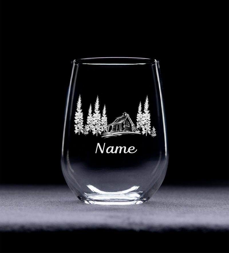 Cabin with Name, 17 oz Custom Stemless Wine Glass - Personalized Cabin Themed Gift for Men and Women