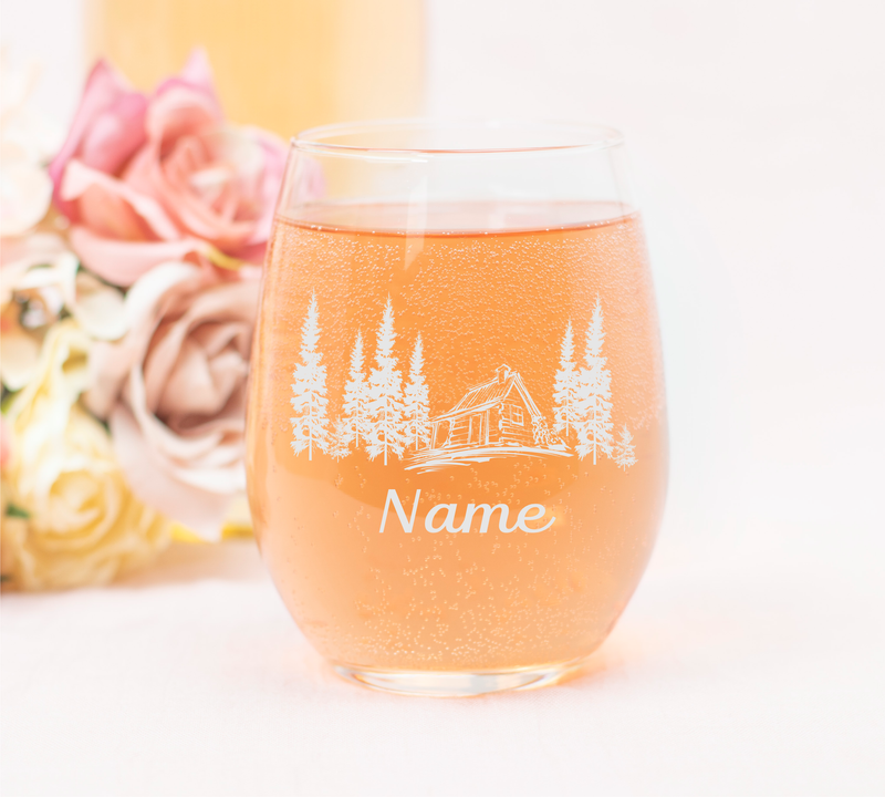Cabin with Name, 17 oz Custom Stemless Wine Glass - Personalized Cabin Themed Gift for Men and Women