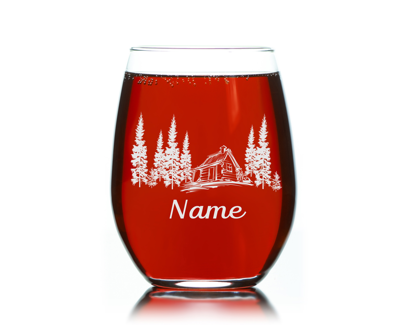 Cabin with Name, 17 oz Custom Stemless Wine Glass - Personalized Cabin Themed Gift for Men and Women