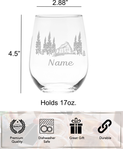 Cabin with Name, 17 oz Custom Stemless Wine Glass - Personalized Cabin Themed Gift for Men and Women