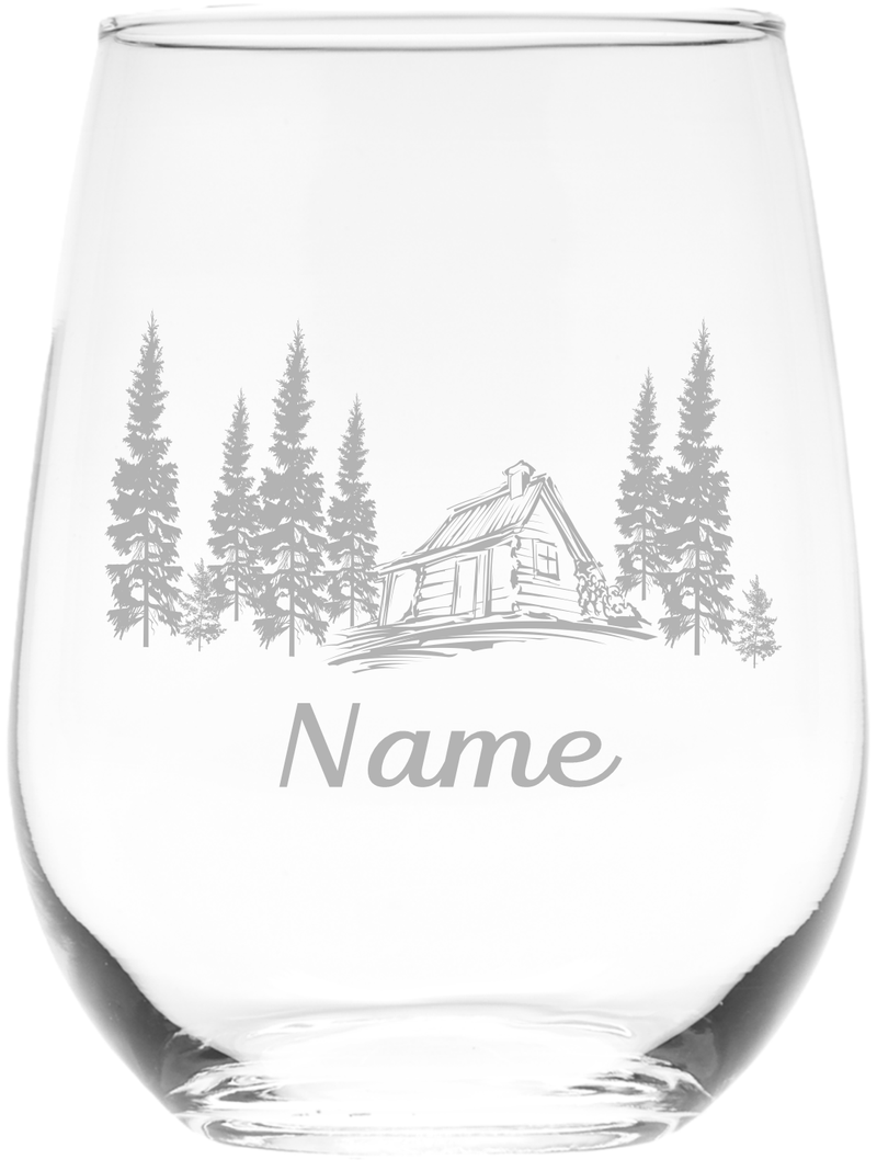 Cabin with Name, 17 oz Custom Stemless Wine Glass - Personalized Cabin Themed Gift for Men and Women