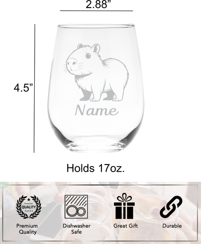 Capybara with Name 17 oz.  Custom Stemless Wine Glass - Personalized Capybara Lover Themed Gift for Women and Men