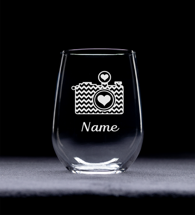 Camera with Name, 17 oz Custom Stemless Wine Glass - Personalized Camera Themed Gift for Men and Women