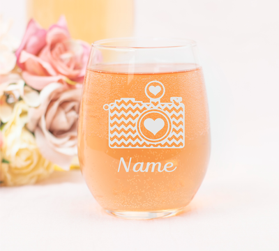 Camera with Name, 17 oz Custom Stemless Wine Glass - Personalized Camera Themed Gift for Men and Women