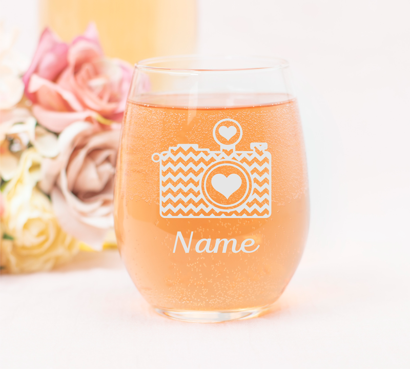 Camera with Name, 17 oz Custom Stemless Wine Glass - Personalized Camera Themed Gift for Men and Women