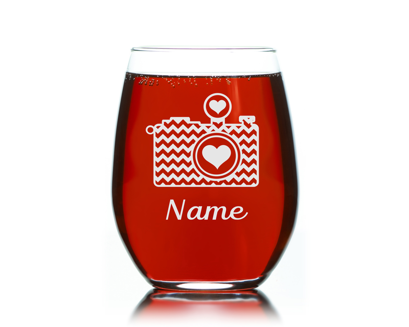 Camera with Name, 17 oz Custom Stemless Wine Glass - Personalized Camera Themed Gift for Men and Women