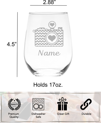 Camera with Name, 17 oz Custom Stemless Wine Glass - Personalized Camera Themed Gift for Men and Women