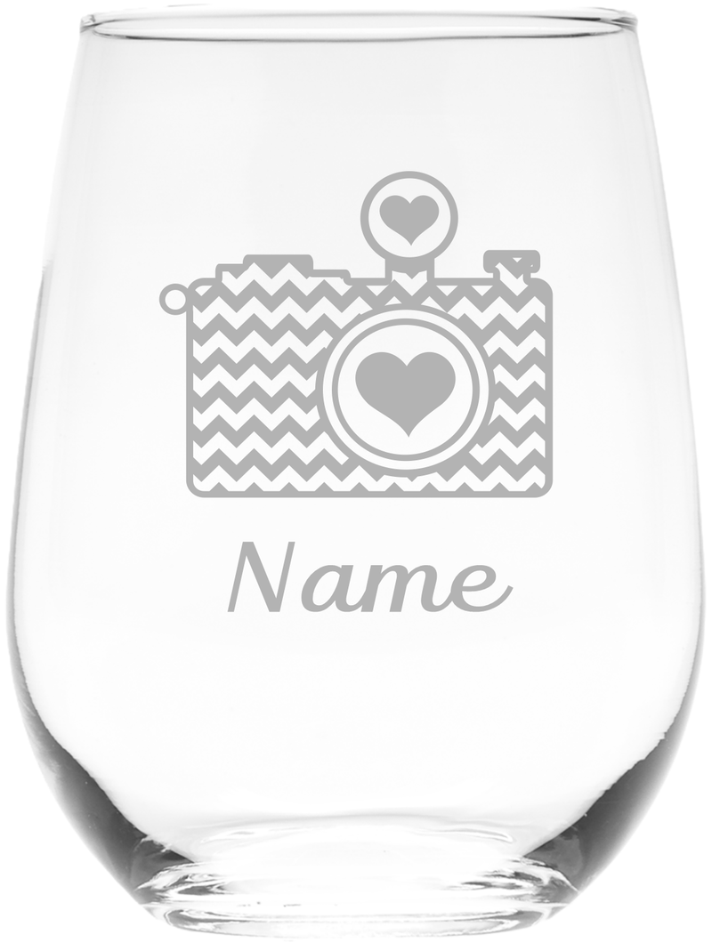 Camera with Name, 17 oz Custom Stemless Wine Glass - Personalized Camera Themed Gift for Men and Women
