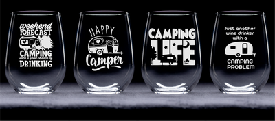 Camping Stemless Wine Glass Set – Camping Themed Gift for Women and Men - 4 Pieces