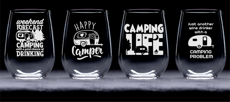 Camping Stemless Wine Glass Set – Camping Themed Gift for Women and Men - 4 Pieces