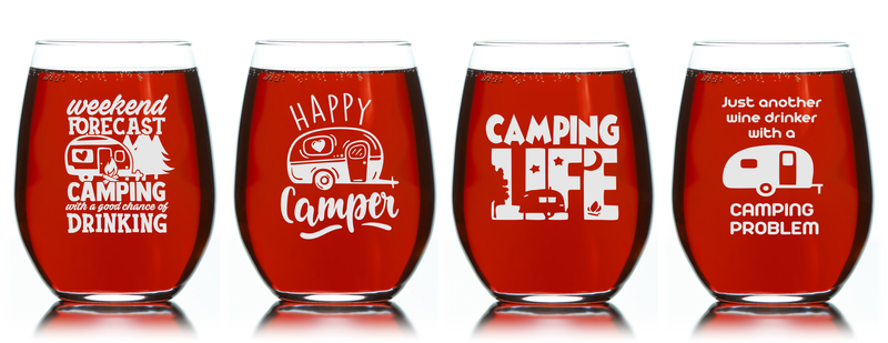 Camping Stemless Wine Glass Set – Camping Themed Gift for Women and Men - 4 Pieces