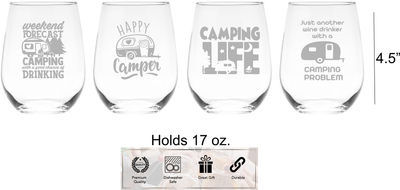 Camping Stemless Wine Glass Set – Camping Themed Gift for Women and Men - 4 Pieces