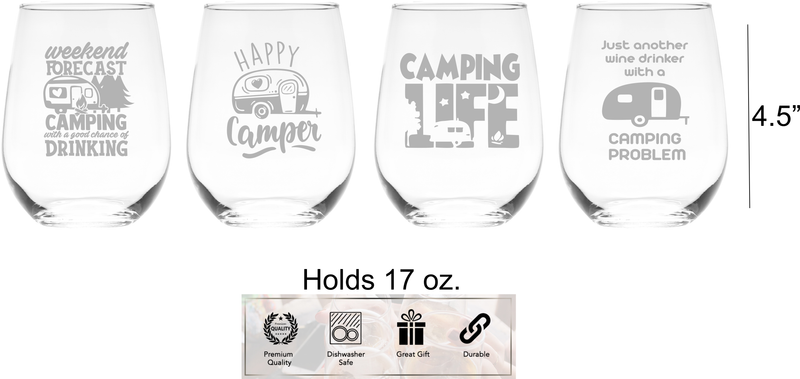 Camping Stemless Wine Glass Set – Camping Themed Gift for Women and Men - 4 Pieces