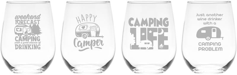 Camping Stemless Wine Glass Set – Camping Themed Gift for Women and Men - 4 Pieces