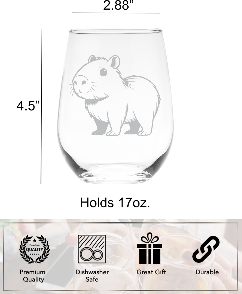 Capybara Themed Stemless Wine Glass, 17 oz. - Capybara Gift for Men and Women