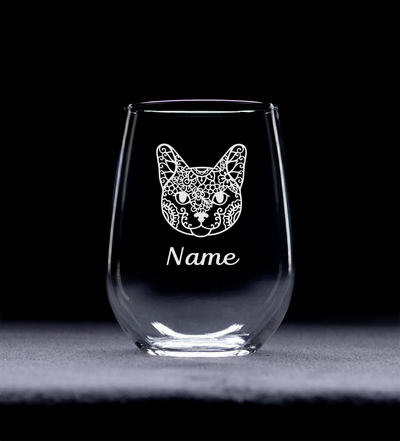 Cat Face with Name, 17 oz Custom Stemless Wine Glass - Personalized Cat Themed Gift for Men and Women