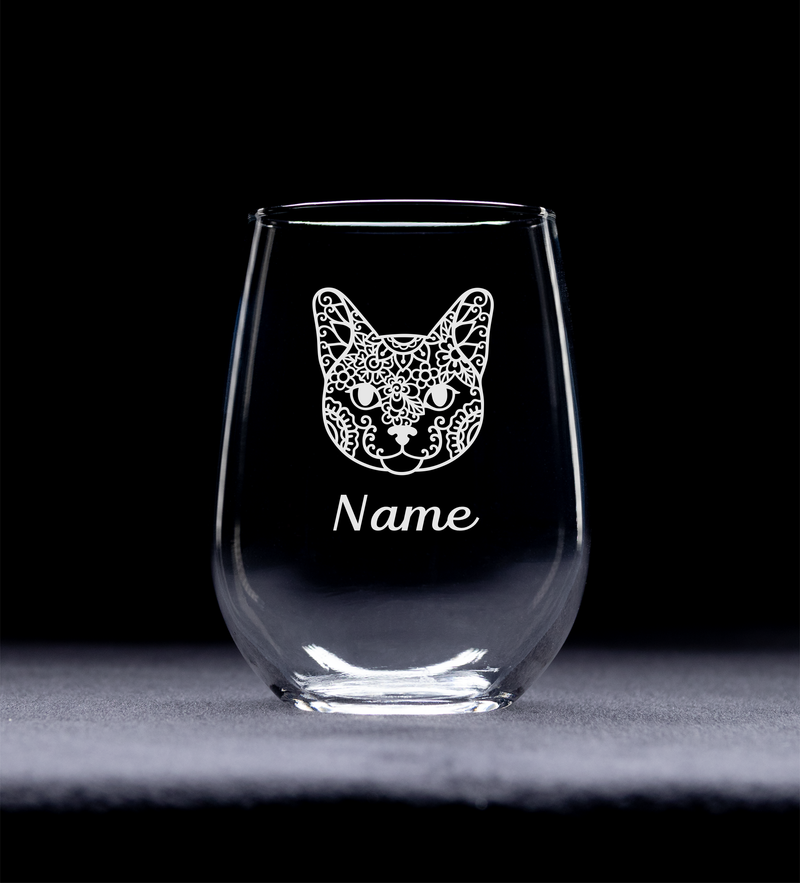 Cat Face with Name, 17 oz Custom Stemless Wine Glass - Personalized Cat Themed Gift for Men and Women