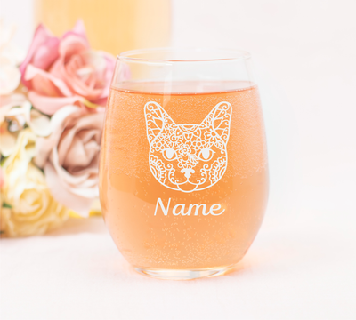 Cat Face with Name, 17 oz Custom Stemless Wine Glass - Personalized Cat Themed Gift for Men and Women