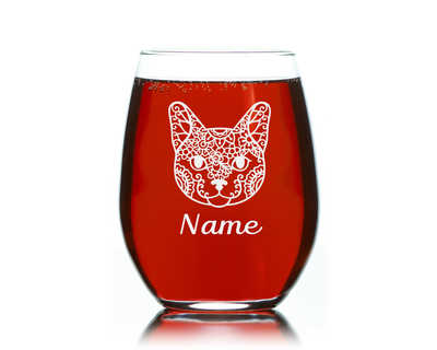 Cat Face with Name, 17 oz Custom Stemless Wine Glass - Personalized Cat Themed Gift for Men and Women