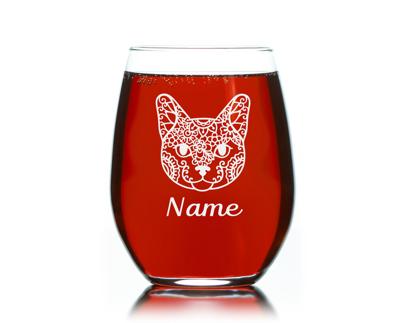 Cat Face with Name, 17 oz Custom Stemless Wine Glass - Personalized Cat Themed Gift for Men and Women
