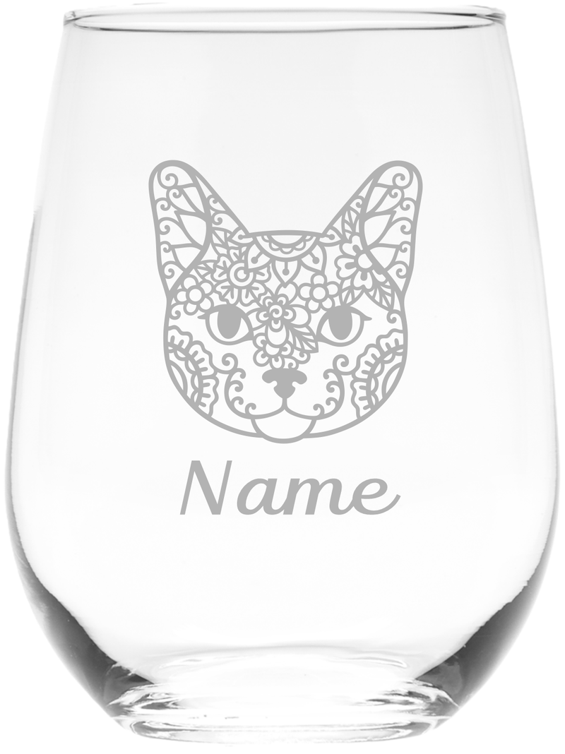 Cat Face with Name, 17 oz Custom Stemless Wine Glass - Personalized Cat Themed Gift for Men and Women