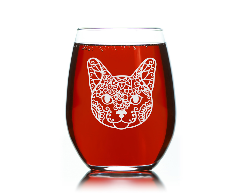 Cat Face Stemless Wine Glass, 17 oz. - Cute Cat Themed Gift (Style C1)