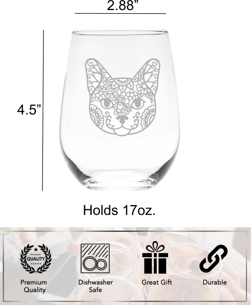 Cat Face Stemless Wine Glass, 17 oz. - Cute Cat Themed Gift (Style C1)